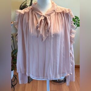 NWT Zara Pleated Ruffle Blouse Pale Pink Size Large Long Sleeves Bow Tie on Neck